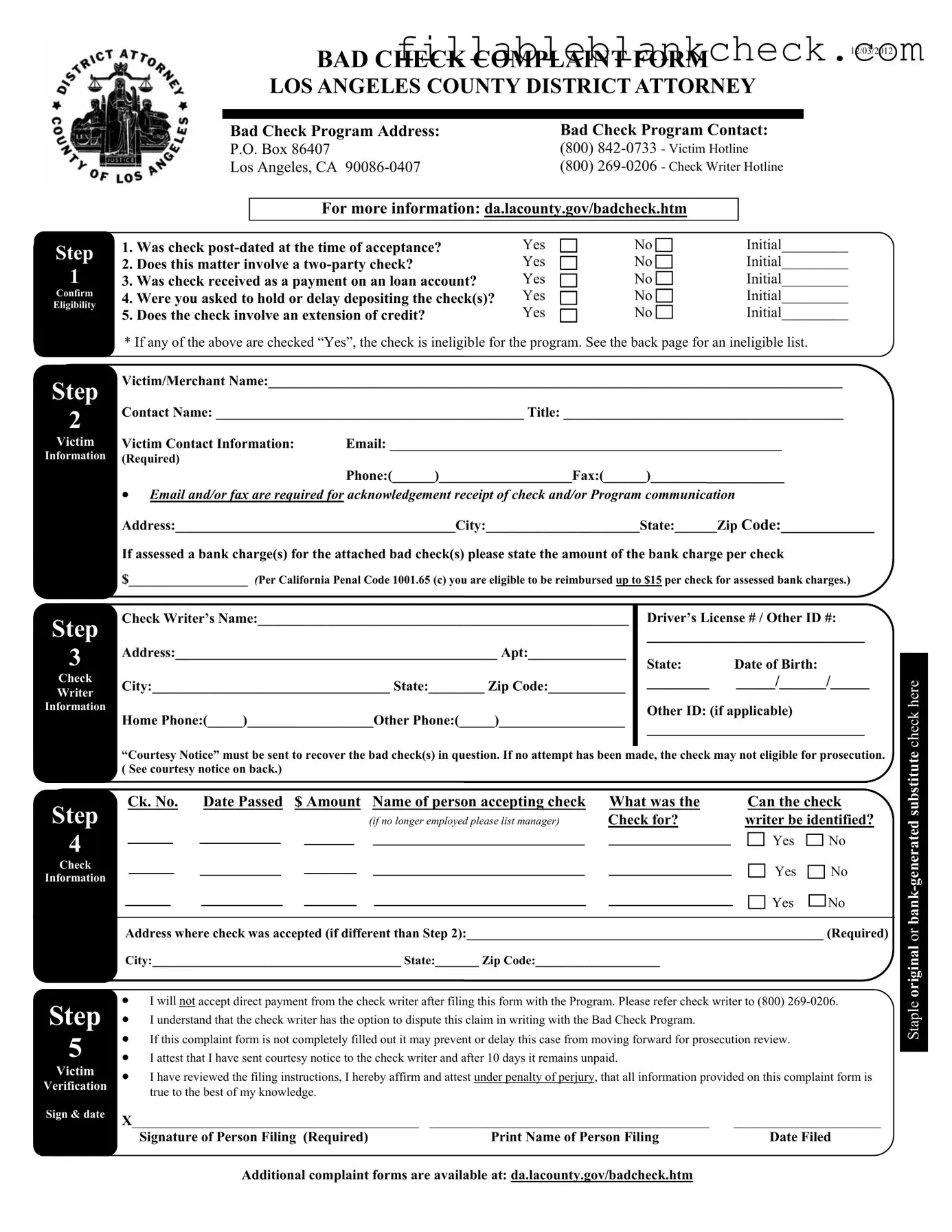 Printable Bad Check Complaint Template in PDF