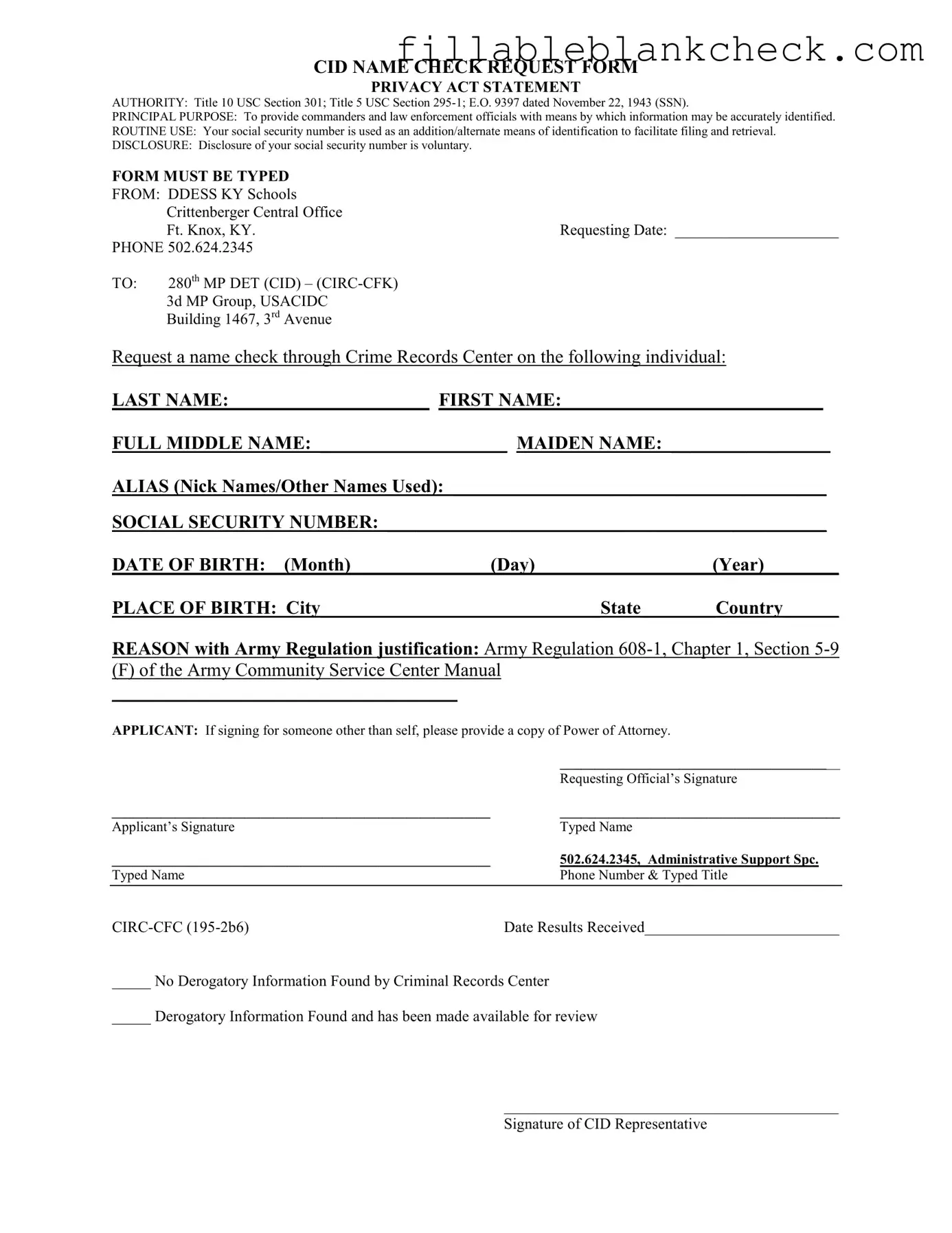 Printable Cid Name Check Request Template in PDF