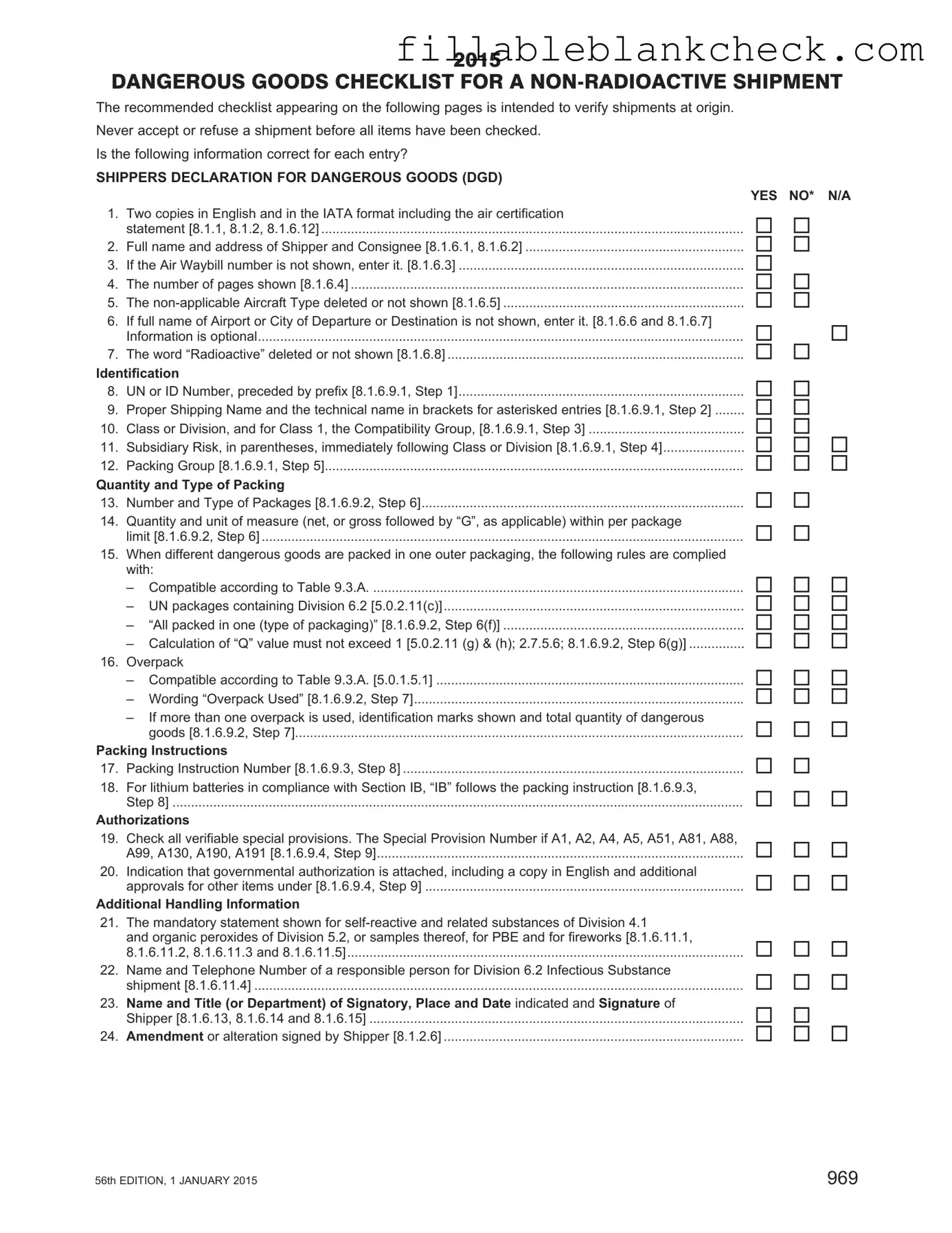 Printable Dangerous Goods Check Sheet Template in PDF