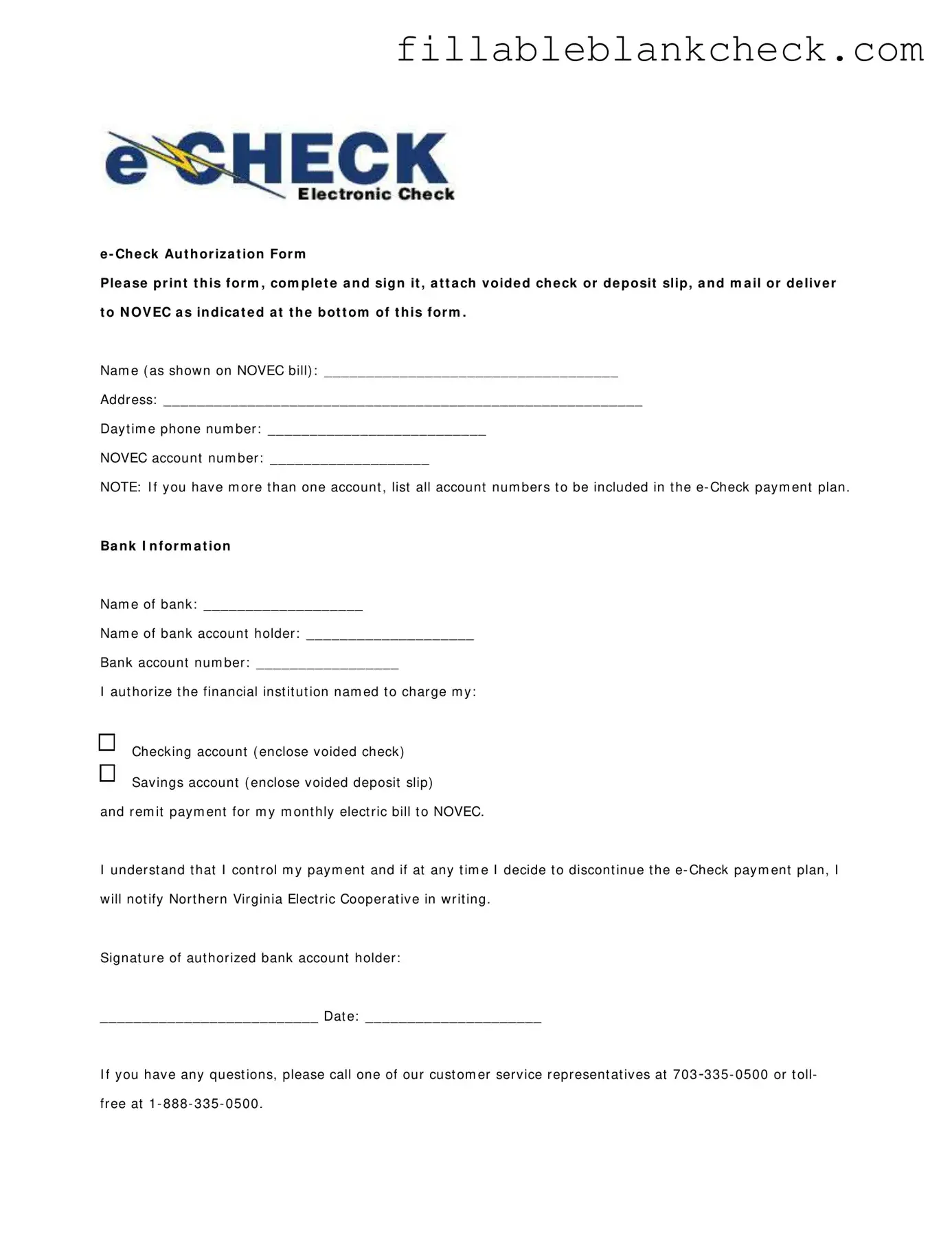 Printable E Check Authorization Template in PDF