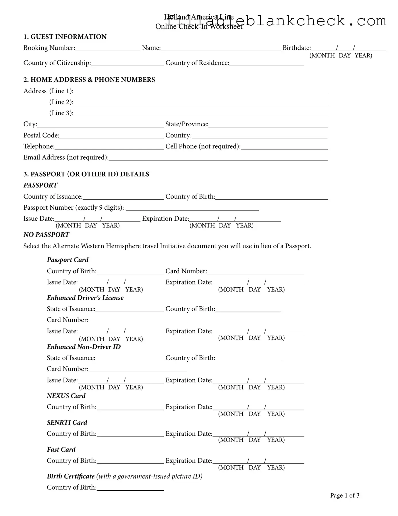 Printable Holland America Check In Template in PDF