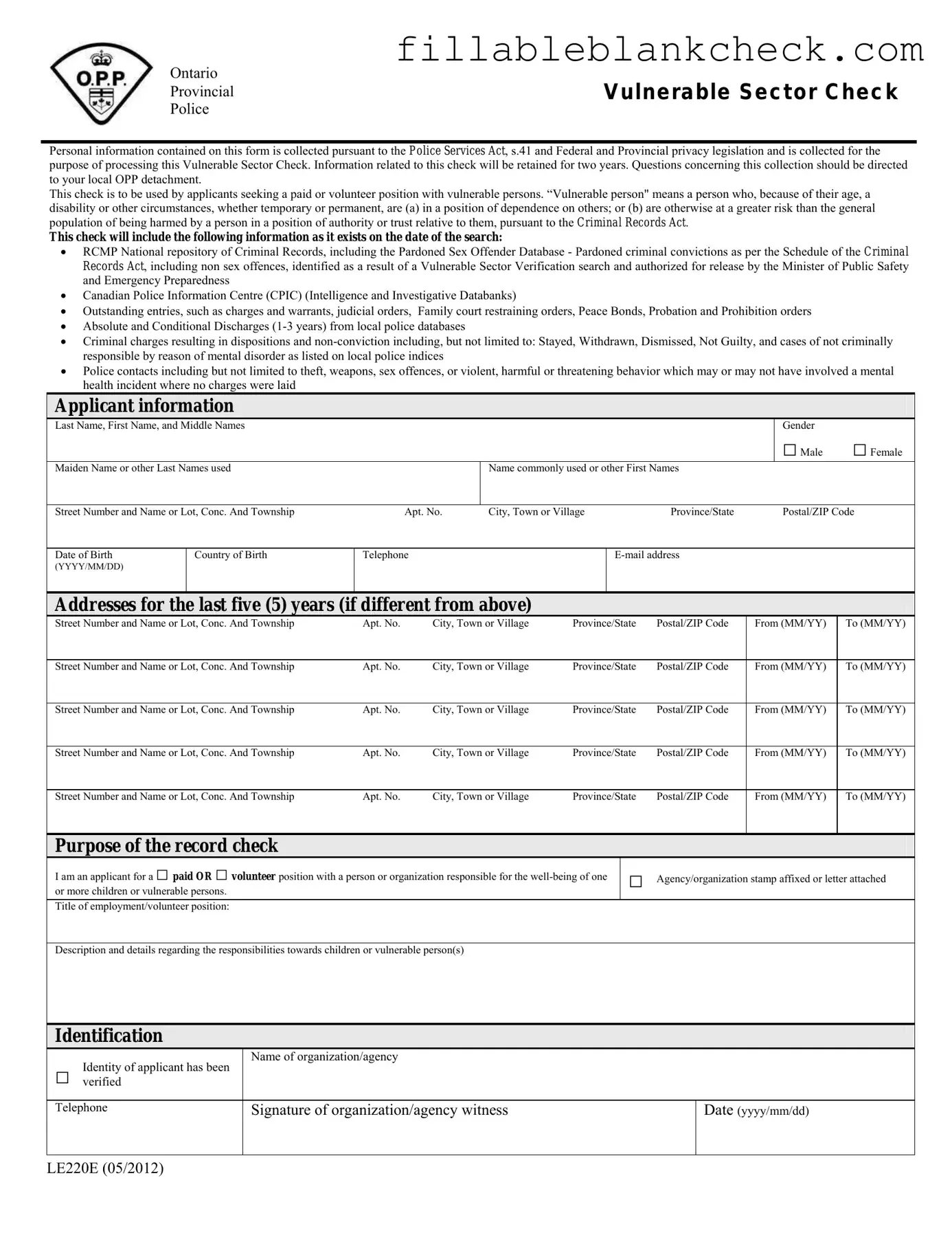 Printable Le220E Vulnerable Sector Check Template in PDF