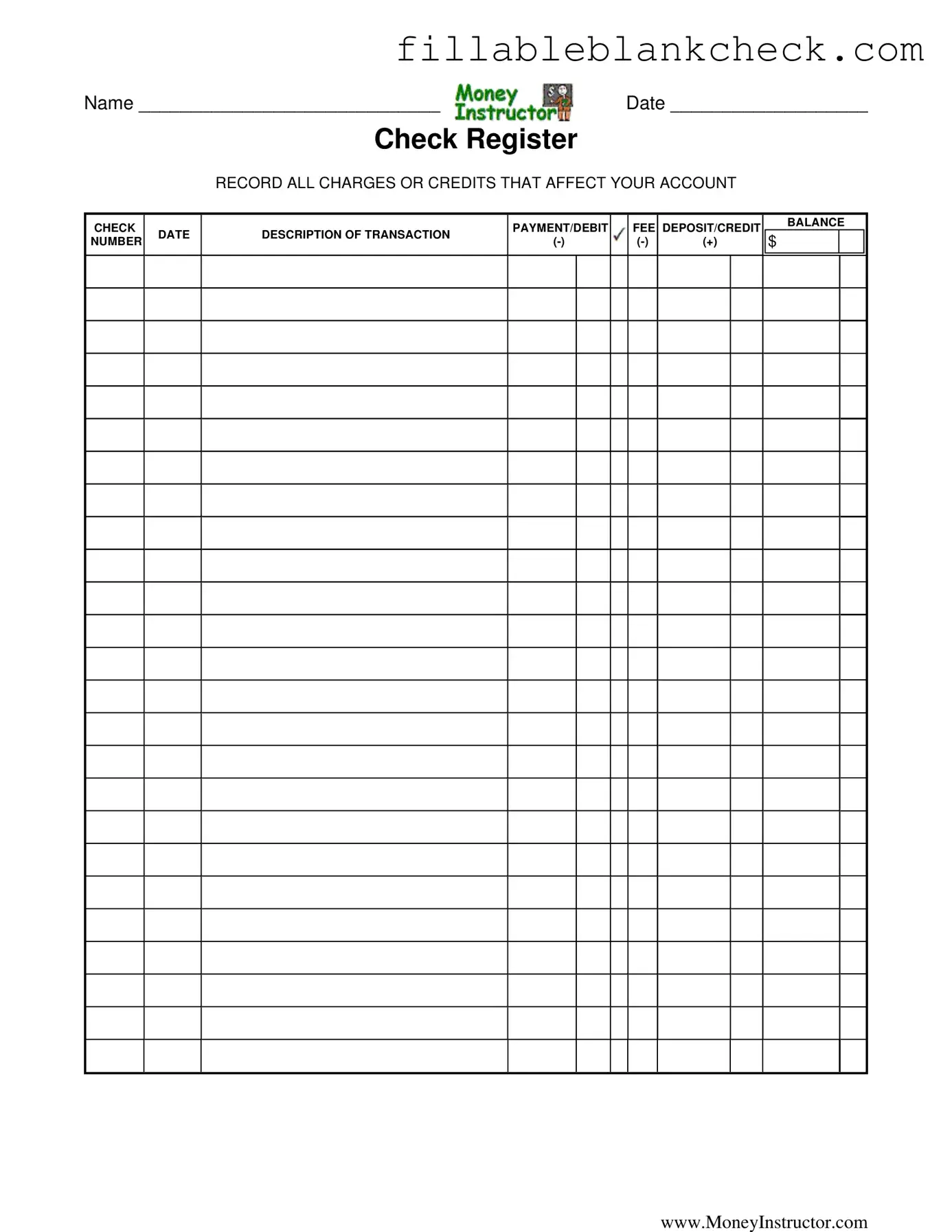 Printable Money Instructor Check Register Template in PDF