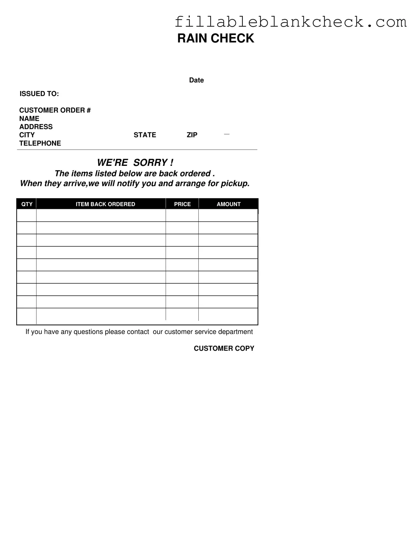 Printable Rain Check Template in PDF