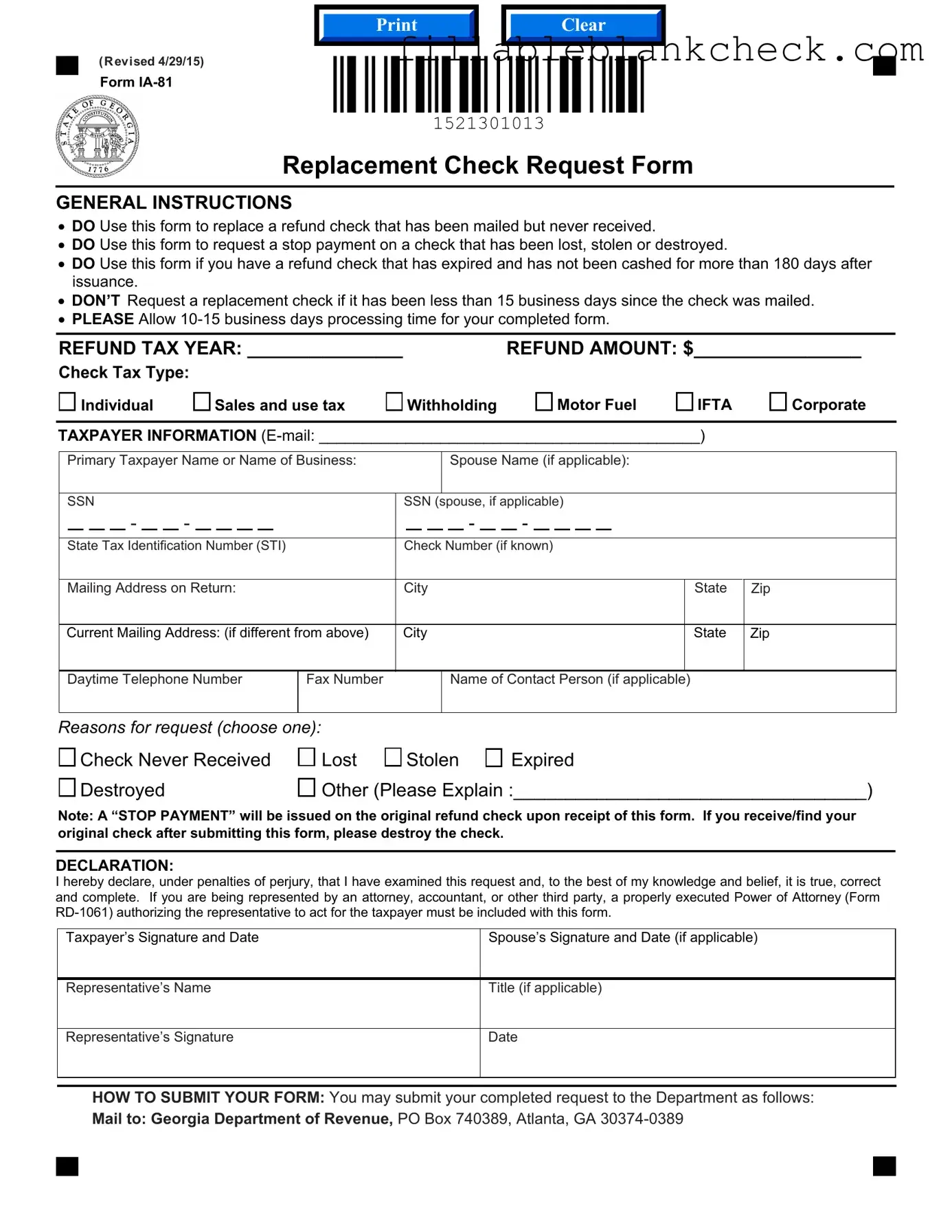 Printable Replacement Check Request Georgia Template in PDF