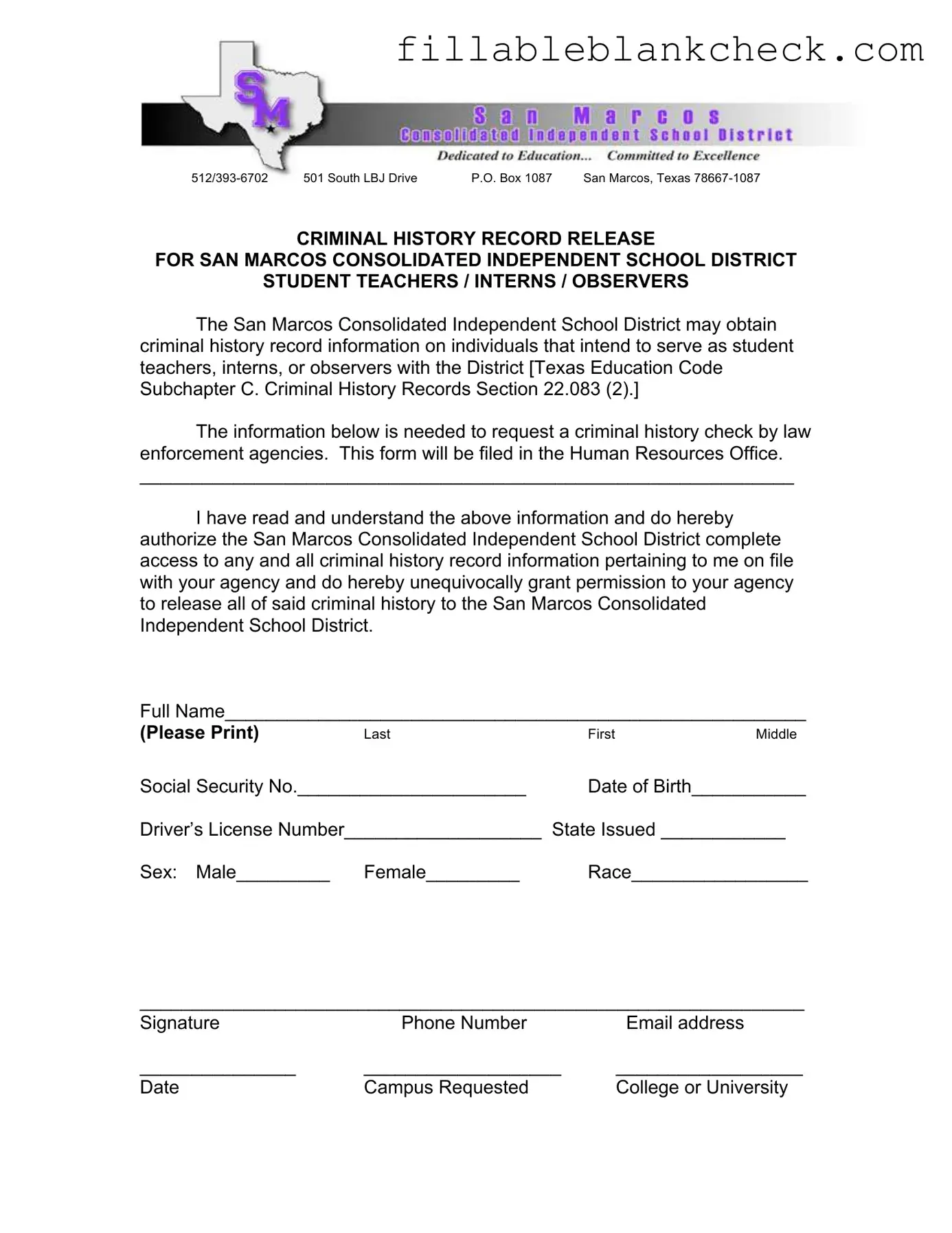 Printable San Marcos Tx Cisd Background Check Template in PDF